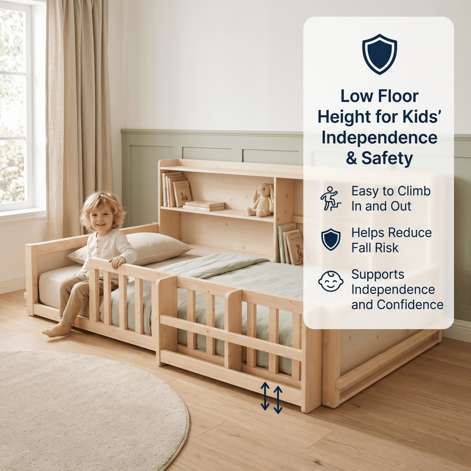Miniyam Twin Size Floor Bed, Kids Wood Bed Frame with Guardrails, Side Bookshelf, Natural