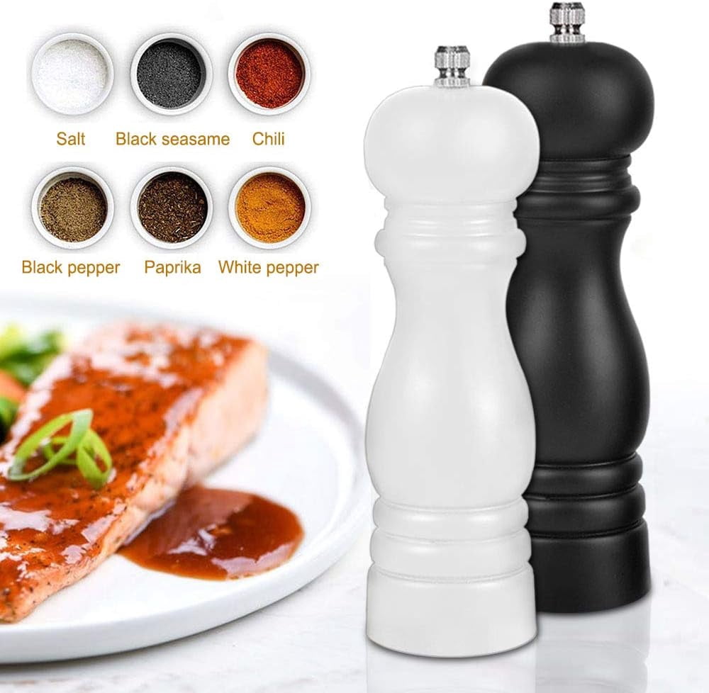 Premium Salt and Pepper Grinder Set of 2, Wood Salt and Pepper Shakers with Ceramic Core, Refillable Manual Sea Salt Pepper Mill Adjustable Coarseness for Spice/Chili/Sesame, 8 Inch (Black+White)