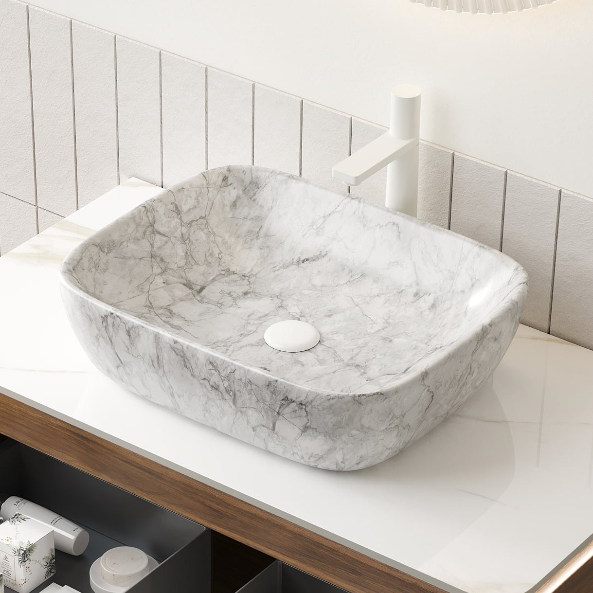 19'' Bathroom Ceramic Sink without Cabinet, Volakas White Marble