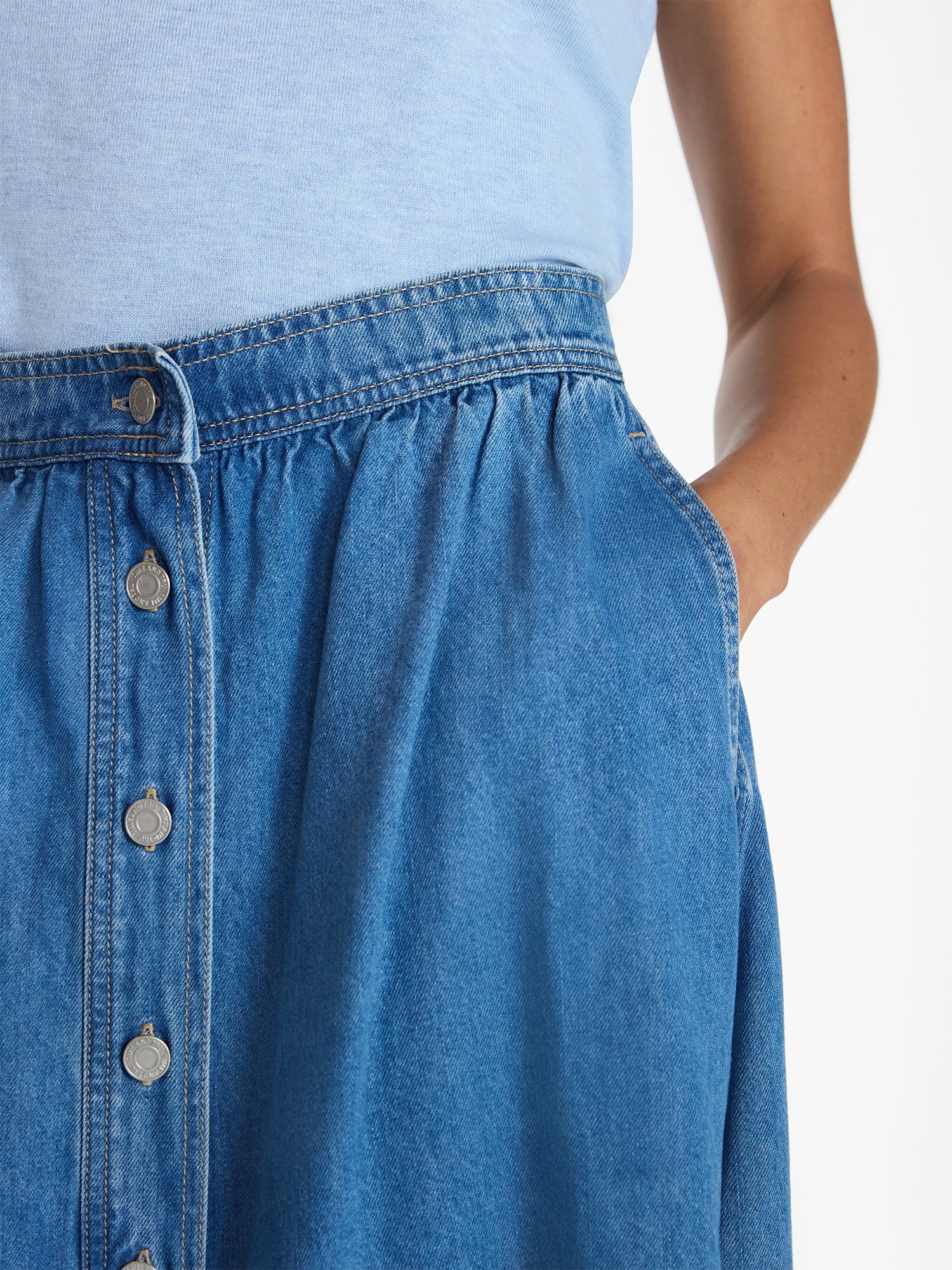 Time and Tru Women's Button Front Denim Midi Skirt, Sizes XS-XXXL
