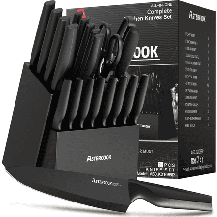 Astercook 20 Pieces Knife Set, Kitchen Knives Set with Built-in Sharpener,  Healthy Anti-Rust Coating & German Stainless Steel Knife Block Sets, Dishwasher Safe Black