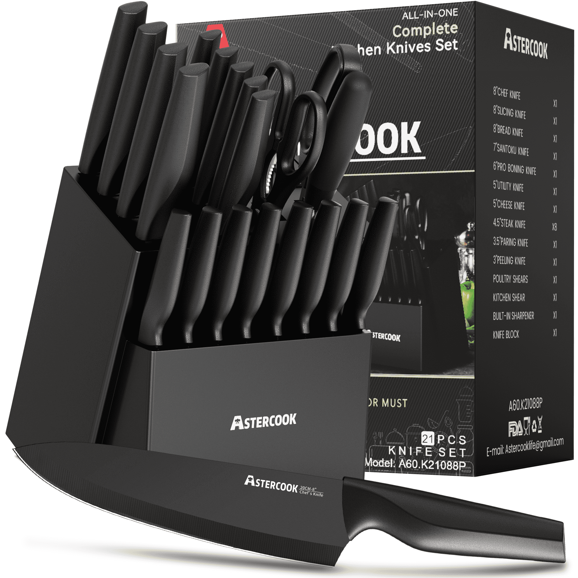 Astercook 20 Pieces Knife Set, Kitchen Knives Set with Built-in Sharpener, Healthy Anti-Rust Coating & German Stainless Steel Knife Block Sets, Dishwasher Safe Black