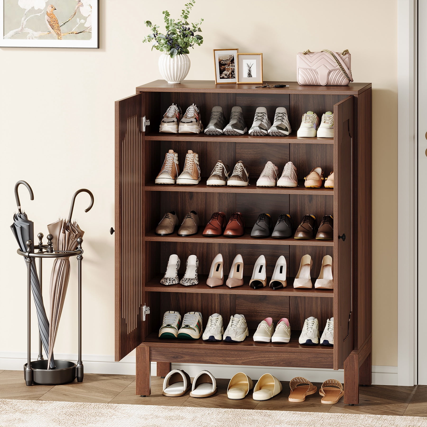 Fnova 5-Tier 20 Pairs Shoe Cabinet with Doors, Narrow Wooden Shoe Rack Organizer with Adjustable Shelves for Entryway, Hallway, Living Room, Brown