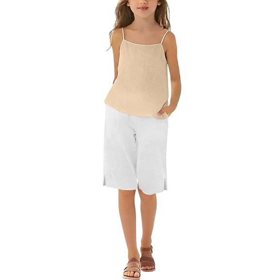 EnJoCho Teen Girls 2 Piece Cotton Linen Outfit Summer Casual Trendy Sets Sleeveless Cam𝗂 Tank Tops Loose Wide Leg Flowy Palazz𝗈 Shorts Girls Shirt And Shorts Set