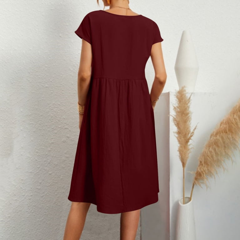 IROINNID Dress for Women 2023 Semi Formal Fall Dress Summer Cotton Linen Solid Color Round Neck Short Sleeve Midi Dress Fit&Flare Dress,Burgundy - Walmart.com IROINNID Dress for Women 2023 Semi Formal Fall Dress Summer Cotton Linen Solid Color Round Neck Short Sleeve Midi Dress Fit&Flare Dress,Burgundy - Walmart.com
