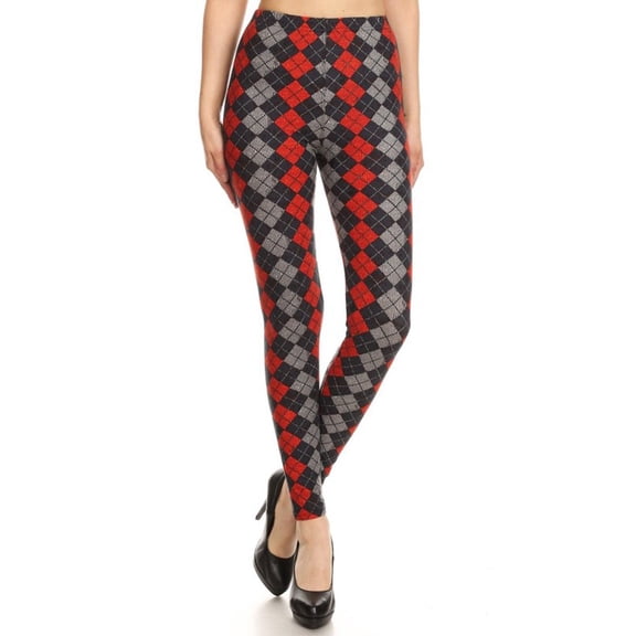 Womens Regular Size Black Red Grey Argyle Plaid Pattern Ultra Soft Leggings (One Size)