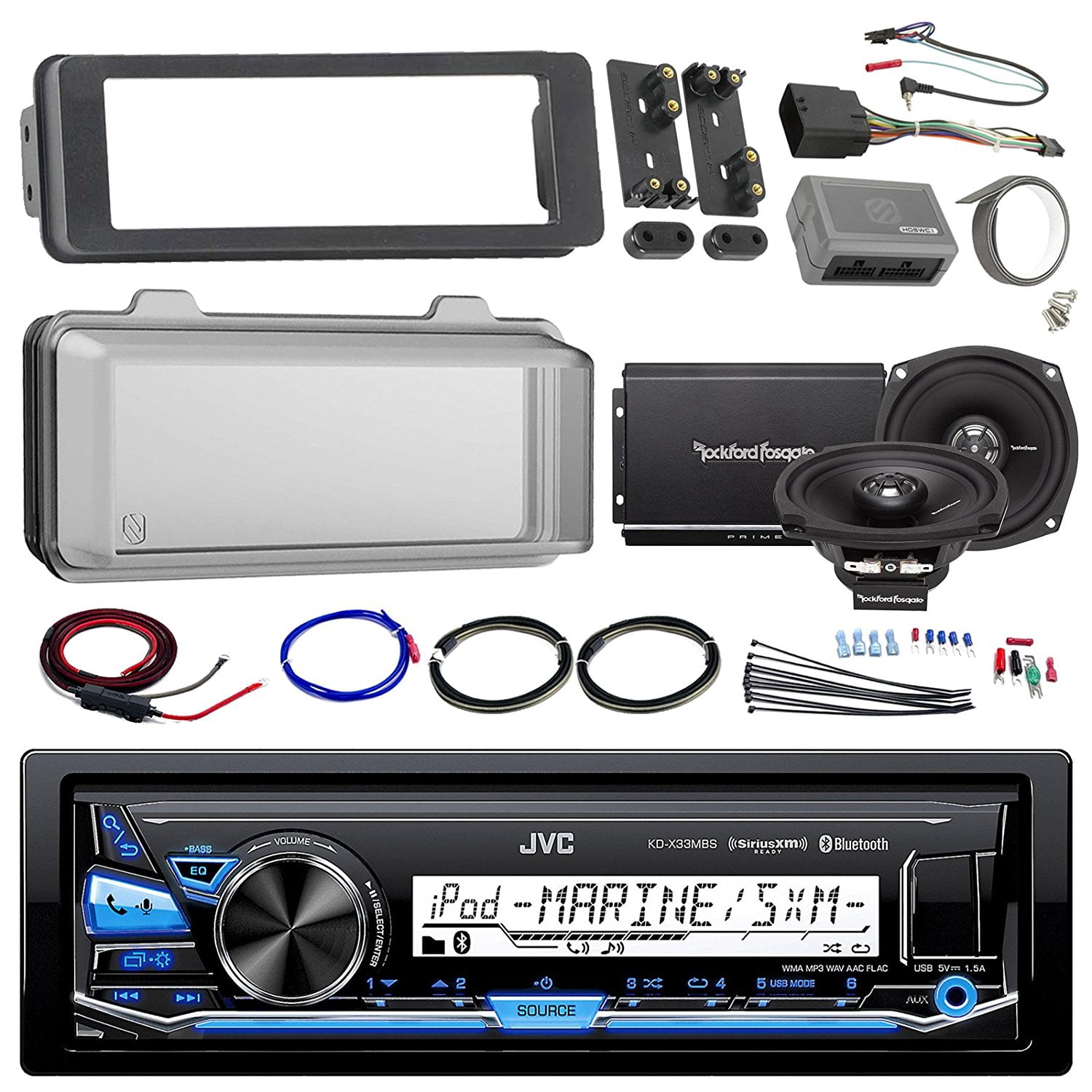 Harley Audio Package Of JVC KDX33MBS Marine Radio Stereo Receiver Bundle Combo With Dash Trim