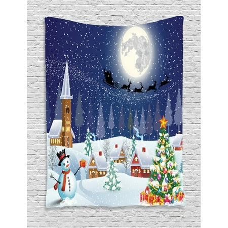 - Christmas Tapestry, Winter Season Snowman Xmas Tree Santa Sleigh Moon Present Boxes Snow and Stars, Wall Hanging for Bedroom Living Room Dorm Decor, Blue White, by Ambesonne