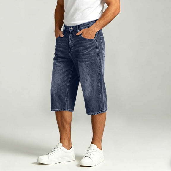 LEKWK Jean Shorts for Men Casual Loose Fit Durable Mid Rise Button Waist Bermuda Shorts with Pockets Casual Straight Leg Knee Length Denim Shorts Street Daily Wear Blue L