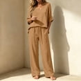thumbnail image 7 of Mifsaly Linen 2 Piece Set for Women V Neck Short Sleeve Loose Tops and Flowy Wide Leg Trousers with Pockets Lightweight Casual Office Vacation Matching Outfits Khaki,XXL, 7 of 7
