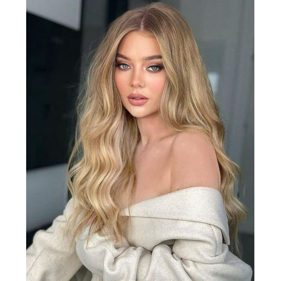 AmPm Sandy Blonde Wigs with Bangs, Ombre Brown Hair Beach Blonde Wig for Women, Synthetic Glueless Wig Natural Straight Layered Bang Wig 20 inch AmPm-220