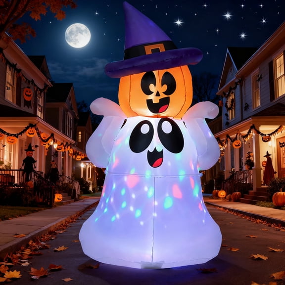 Joyfy 5 FT Halloween Inflatable Pumpkin Ghost with Colorful LED Lights,Halloween Blow Up Cute Decor for Indoor Outdoor Holiday Yard Decoration