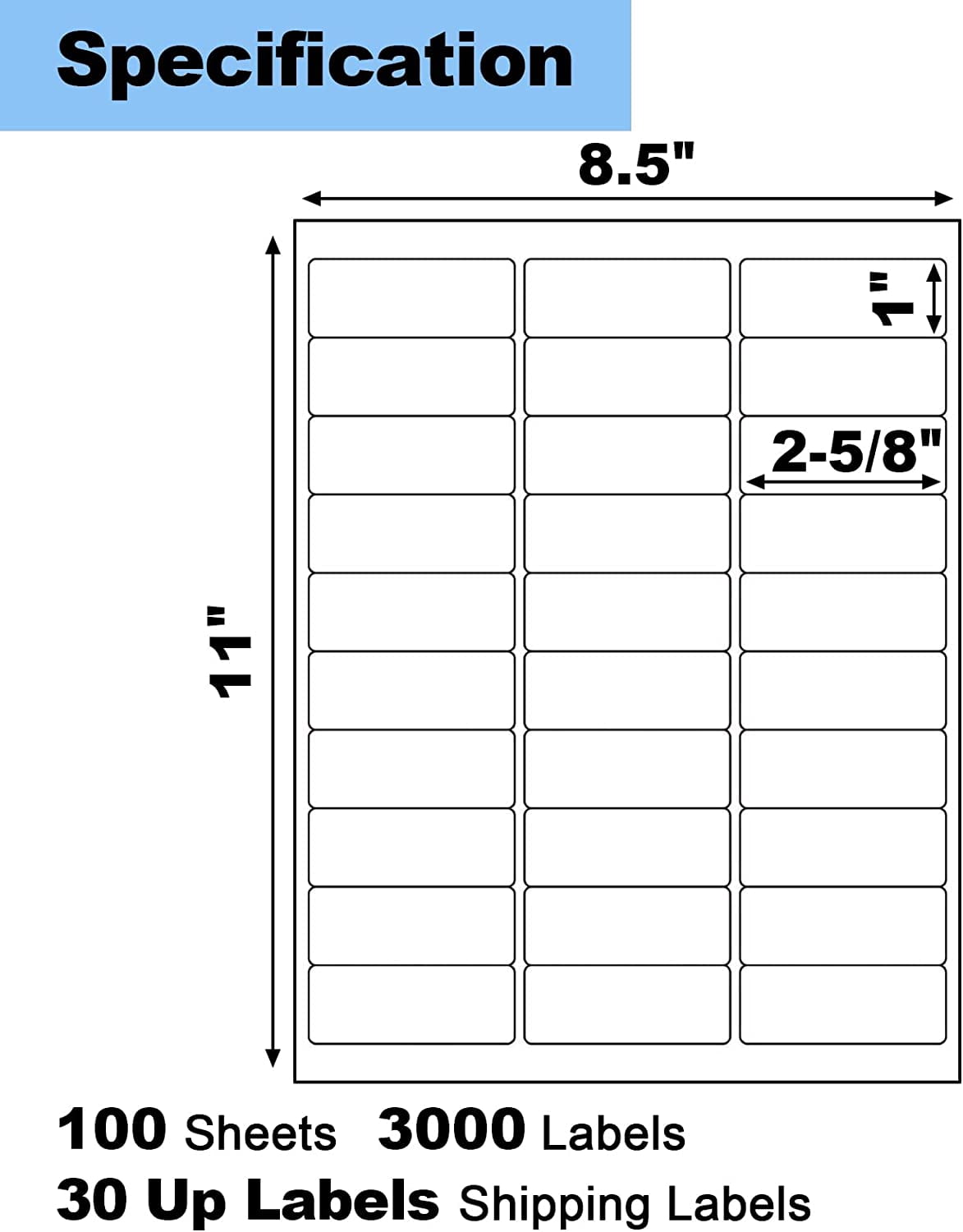 100 Sheets 3000 Pcs 30 Up 1" x2-5/8 Shipping Address Barcode Labels for Laser & Inkjet Printers, 1x2.625 FBA on US Letter, per Sheet Return Labels, Page