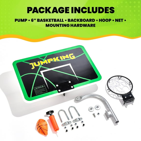 Jumpking Trampoline Basketball Hoop with Mini ball and Pump, 7.5inch dia. Breakaway rim,  Universal Fit to Trampoline Enclosure System, Fun Outdoor Trampoline Game
