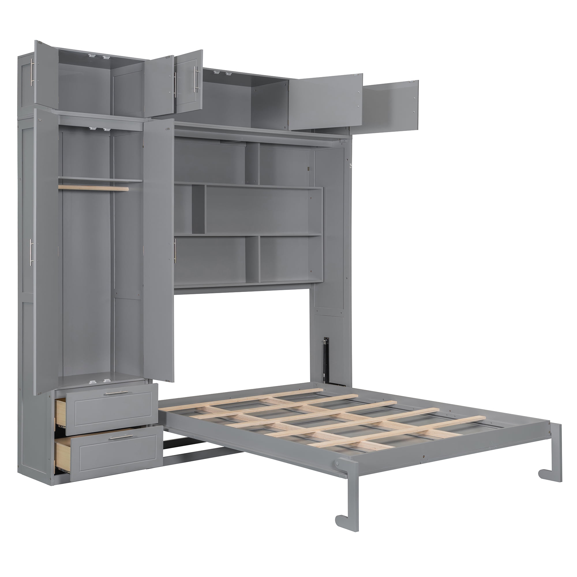 Mintazer Queen Size Murphy Wall Bed with Cabinets & Open Bookshelf, All-in-One Foldable Cabinet Bed with Side Wardrobe & 2 Storage Drawers for Small Apartment Guest Room Home Office, Gray