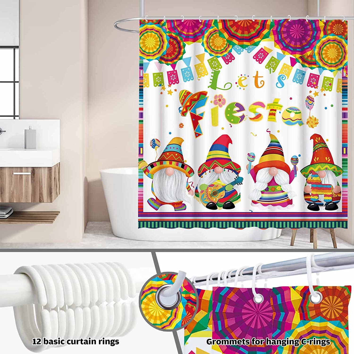 72" x 72" Let's Fiesta Gnomes Baby Shower Curtain Set with Hooks Cinco De Mayo Bright Bathroom Decorations Bathtubs Decor Easy Care Washable Waterproof Polyester Fabric