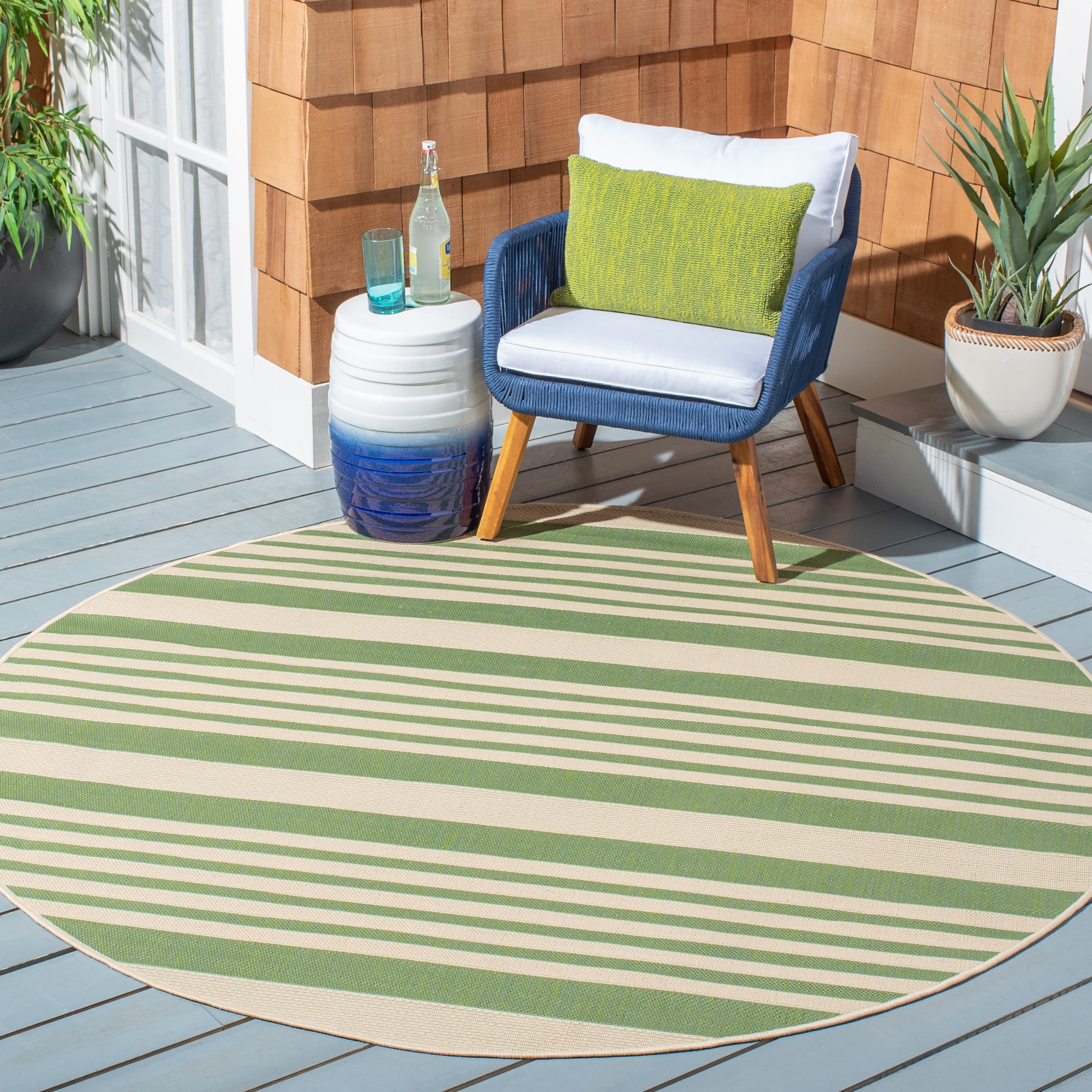 Safavieh Courtyard Caroline Striped Indoor/Outdoor Area Rug, Green/Beige, 5'3" x 5'3" Round