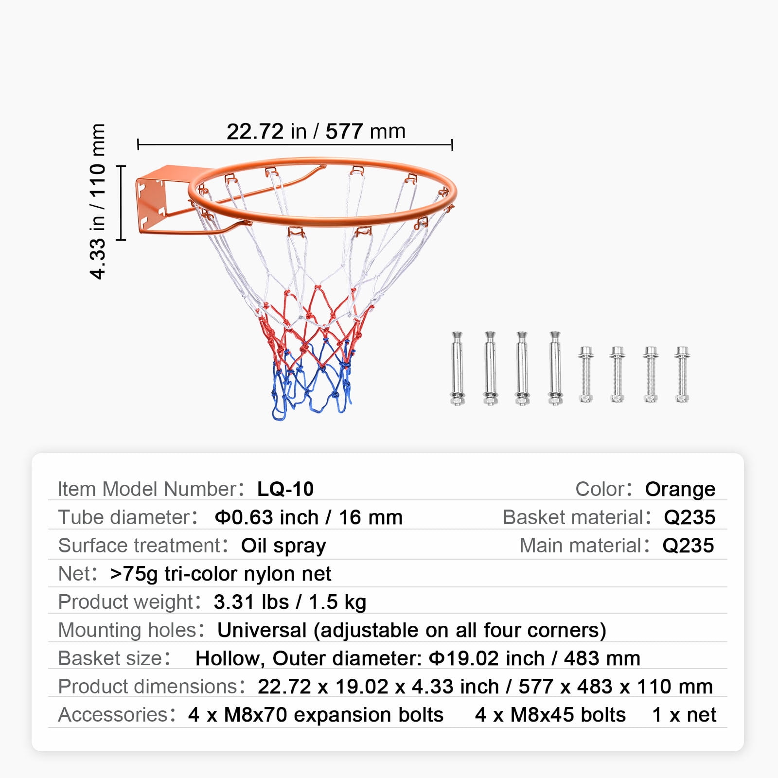 KFFKFF Basketball Goal, Attachable to Wall or Door, Robust Q235 Basketball Flex Rim Substitute with Net, Conventional 18" Indoor and Outdoor Suspended Basketball Hoop for Children and Adults