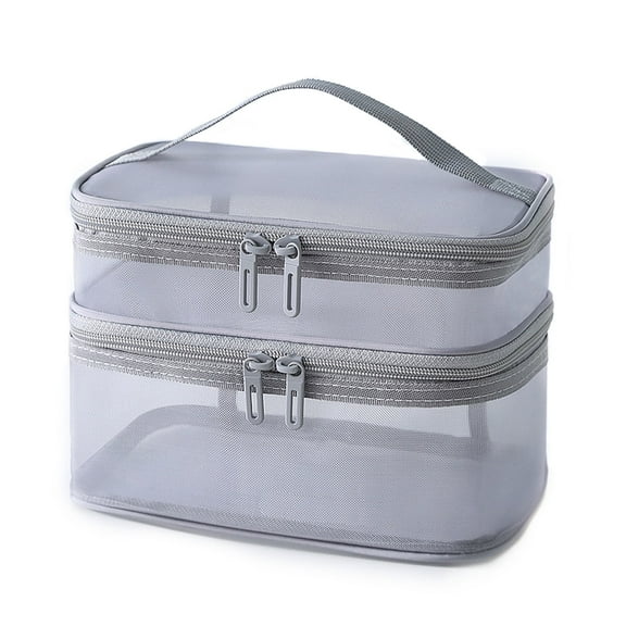 Double Layer Makeup Bag, Large Mesh Travel Cosmetic Pouch with Double Zipper, Vertical Make up Bag, Multifunctional Toiletry Bag for Makeup Brushes