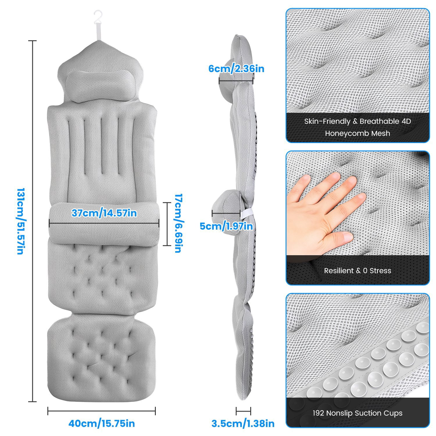 Full Body Bathtub Pillow with Lumbar Support, 4D Honeycomb Mesh Bath Cushion with 192 Suction Cups, Non-Slip Washable Spa Bath Pillow with Hanging Hook