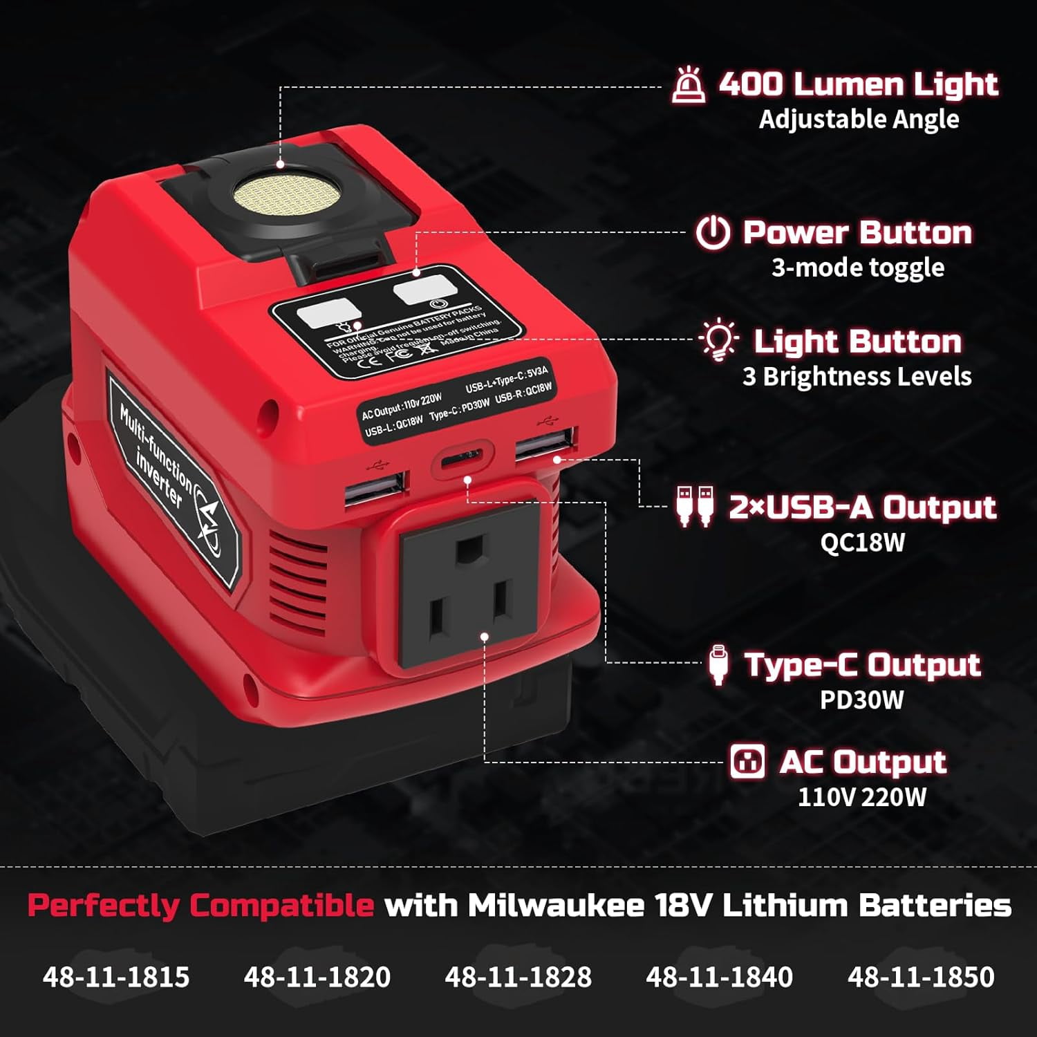 Kzreect 220W Power Inverter Compatible with  Milwaukee  18V Battery, 110V 220W Output, 2 USB-A & 400 LM LED for Car, Camping & Emergency Use