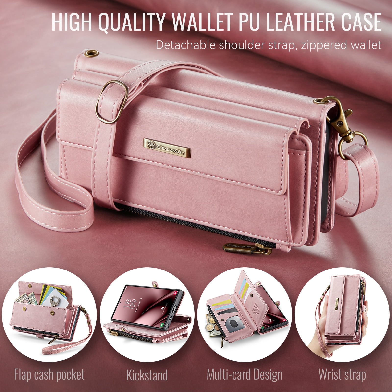 Decase Wallet Case for Samsung Galaxy S25 Ultra,Magnetic Flip Zipper Pocket PU Leather Phone Cover,Crossbody Flip Cover with RFID Card Slots,Pink