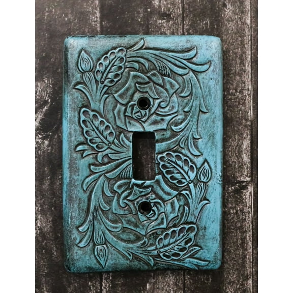 Set of 2 Western Tooled Floral Turquoise Wall Single Toggle Switch Plates