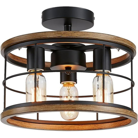 Farmhouse Ceiling Light Fixture - Semi Flush Mount Ceiling Light with Drum Shade Small Chandeliers, Hallway Lighting Fixtures for Entryway Kitchen