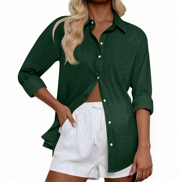 Women's Denim Shirt Long Sleeve Button Down Jean Shacket Top with Pockets, M