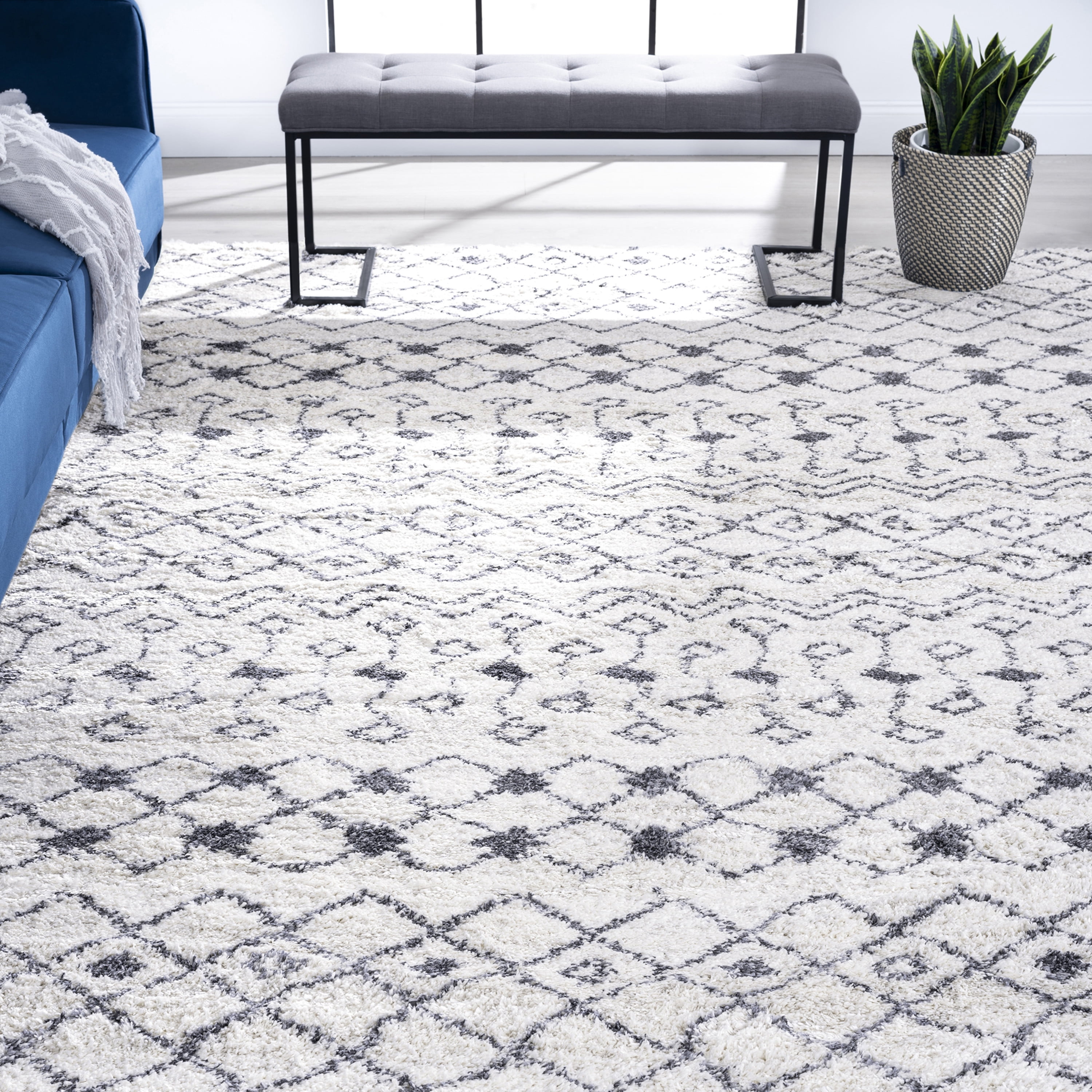Shag 5x8 Area Rug Thick (5'3'' x 7'3'') Geometric Cream, Dark Gray Living Room Easy to Clean
