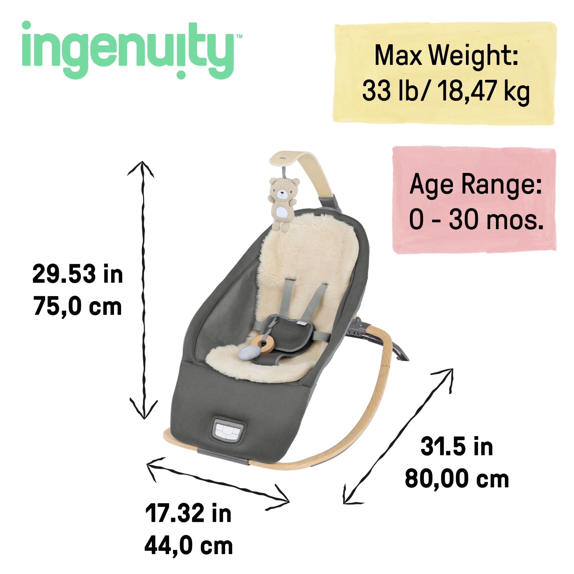 Ingenuity Every Season Rocking Seat - For Ages 0-30 Months, Unisex - Grey