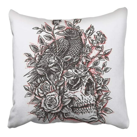 CMFUN Vintage Sketchy Crow Roses and Skull Tattoo Design Linework Drawing Drawn Hand Pillowcase