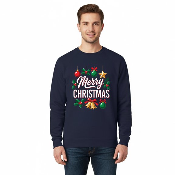 Gildan Merry Christmas Design Sweatshirt for Men, Navy Crewneck Christmas Sweater, M
