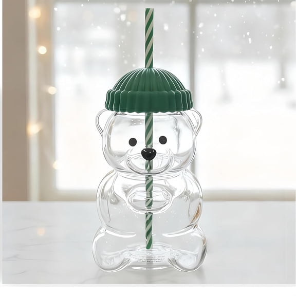 Bear Straw Glass Cup 20oz , Cute Bear with Lid &  Straw, Cute  Design Glass Cup for Boba, Smoothies & Iced Coffee and ,Dishwasher Safe