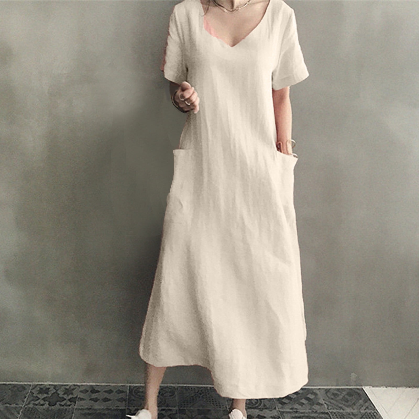 BLVB Womens Spring Summer Cotton Linen Dresses V Neck Short Sleeve Loose Maxi  Dress Flowy Plus Size Long Dress with Pockets - Walmart.com