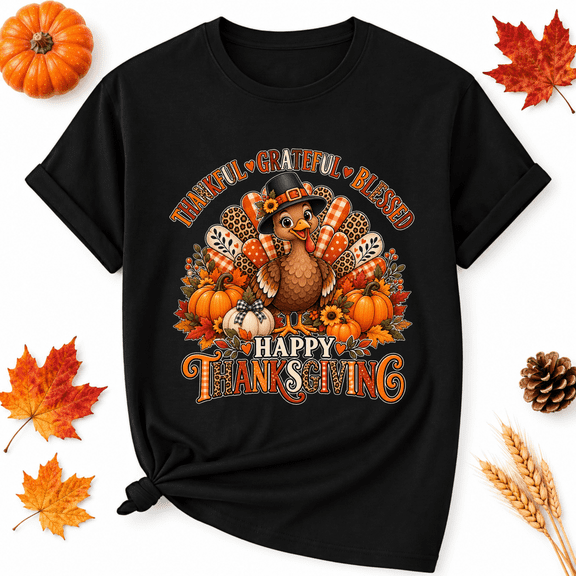 KeHetSoft Happy Thanksgiving Turkey Harvest Cotton Graphic Unisex T-Shirt