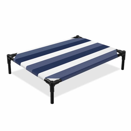 Navy Blue and White Striped Elevated Dog Bed Abstract Ombre Geometric Cooling Breathable Outdoor Raised Dog Cot Bed with Metal Frame Non-Slip Feet for Medium Dog 24x20in