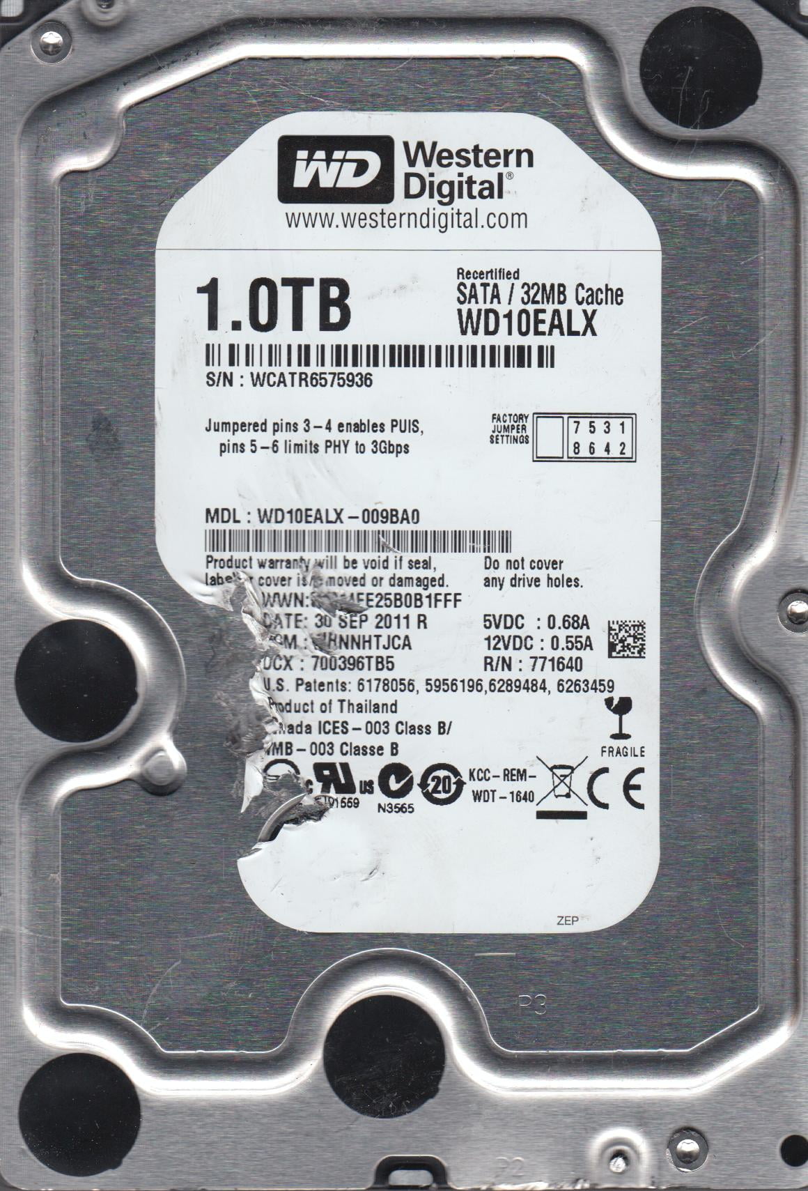 WD10EALX-009BA0, DCM HHNNHTJCA, Western Digital 1TB SATA 3.5 Hard Drive ...
