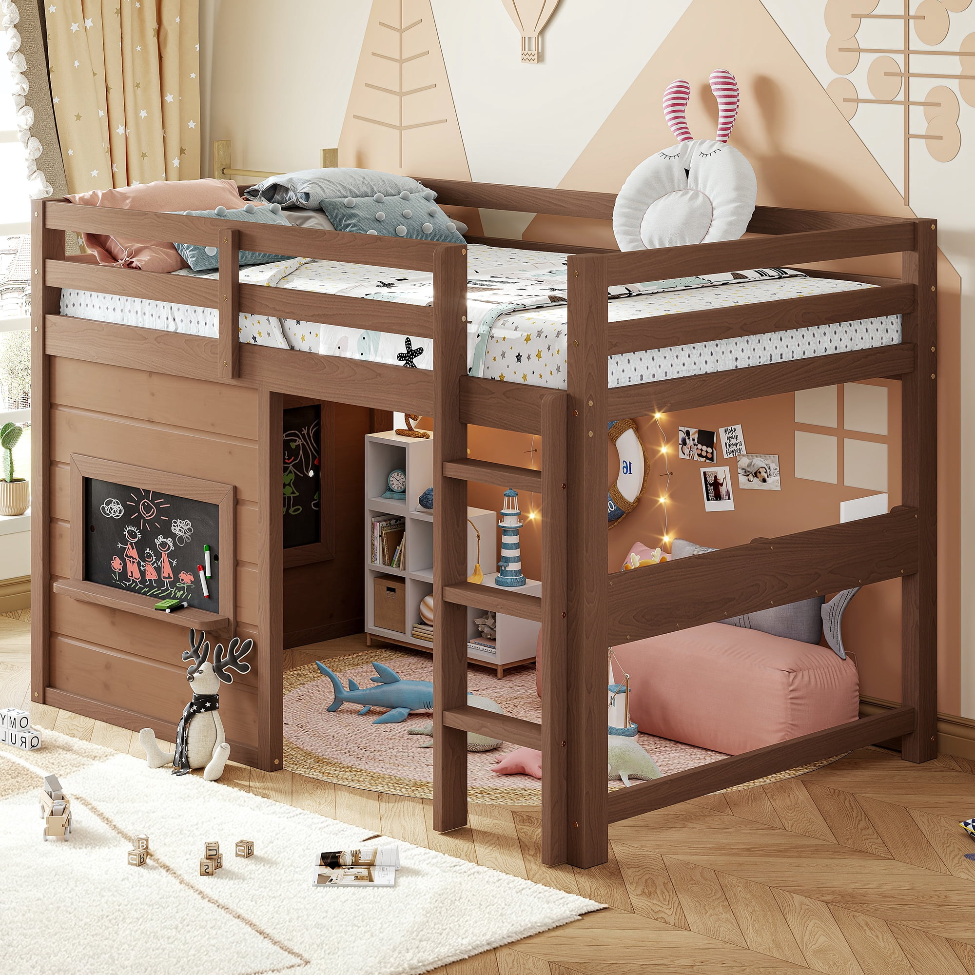 Leumius Twin Size Loft Bed with Storage Shelves,Solid Wood Low Loft Bed Frame with Chalkboard and Bookshelf,Space Saving,Natural