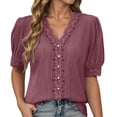 thumbnail image 2 of Conairie Puff Sleeve Tops For Womens Solid Loose V Neck T Shirts Breathable Soft Basic Blouses Vacation Clothes Wine S, 2 of 4