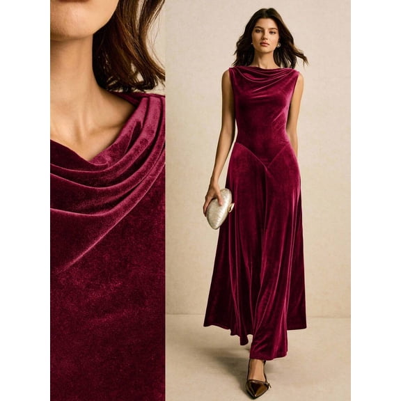 Burgundy Velvet Sleeveless Maxi Dress With Draped Cowl Neckline Elegant Evening Gown