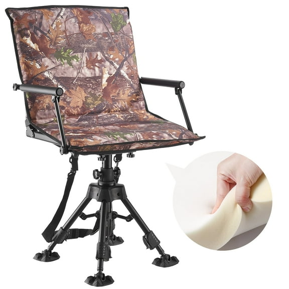 VEVOR Hunting Chair, 360° Silent Swivel, Foldable Portable Blind Chair, Heavy-Duty Steel Frame Ground Stool Seat,with Armrests,Cover,Anti-Sink Feet,Height Adjustable,350 Lbs Capacity for Camping