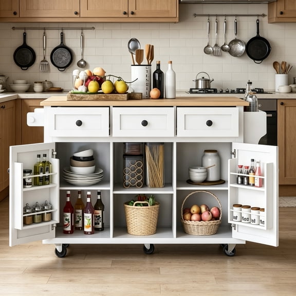 Wohh Kitchen Cart with Rubber wood Drop-Leaf Countertop ,Cabinet door internal storage racks,Kitchen Island on 5 Wheels with Storage Cabinet and 3 Drawers for Dinning Room,White