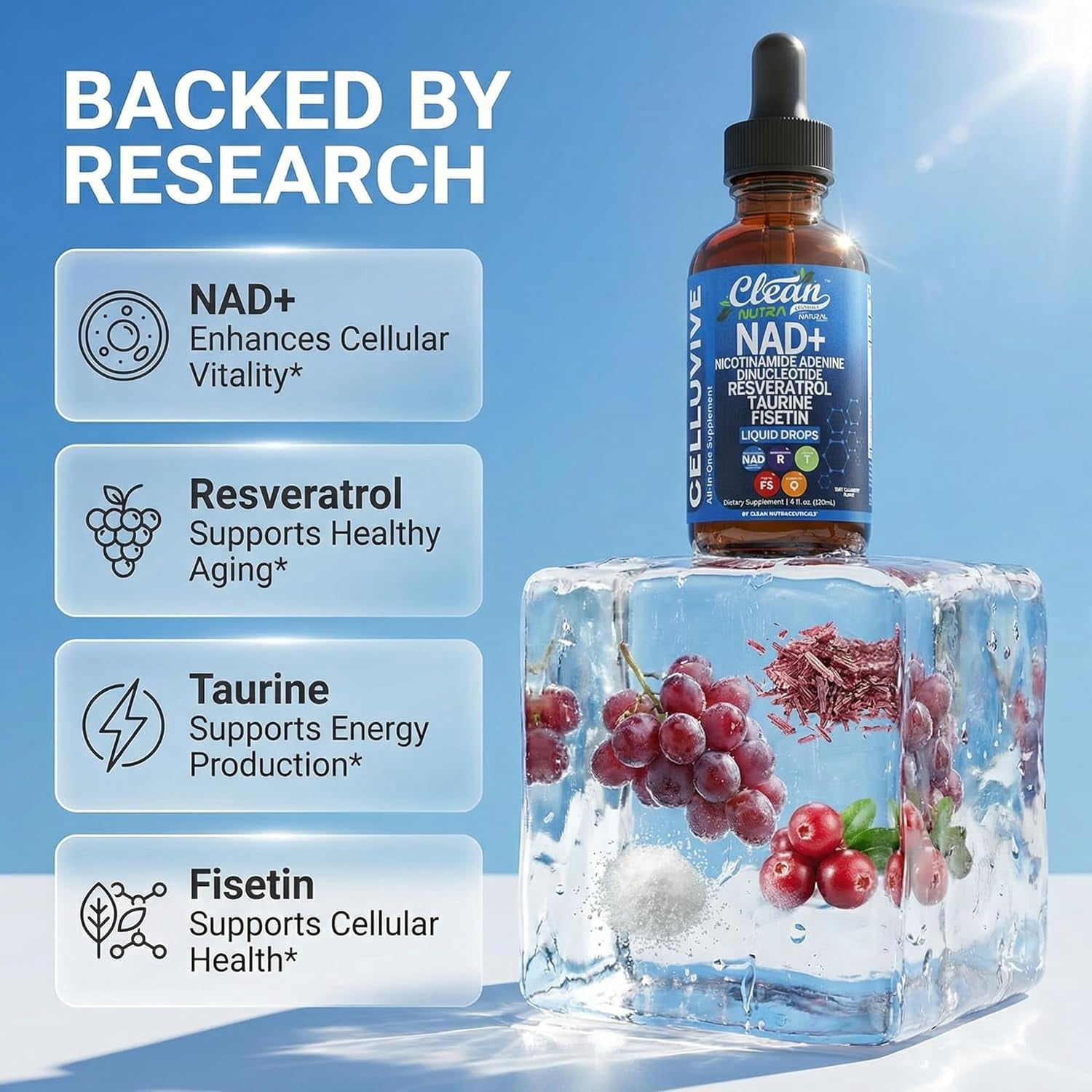 Clean Nutra NAD Liquid Supplement Drops Resveratrol Polyphenols Liposomal Taurine Fisetin Grape Seed Extract Japanese Knotweed Fo Ti Anti Aging NAD+ Nicotinamide Adenine Dinucleotide for Women & Men