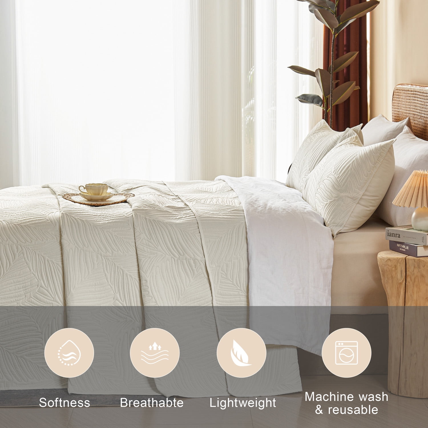 Davulos 3 Pieces Queen Quilt Bedding Set Soft Lightweight Beige Bedspread with Leaf Pattern,Microfiber Bed Coverlet Full Size for All Season