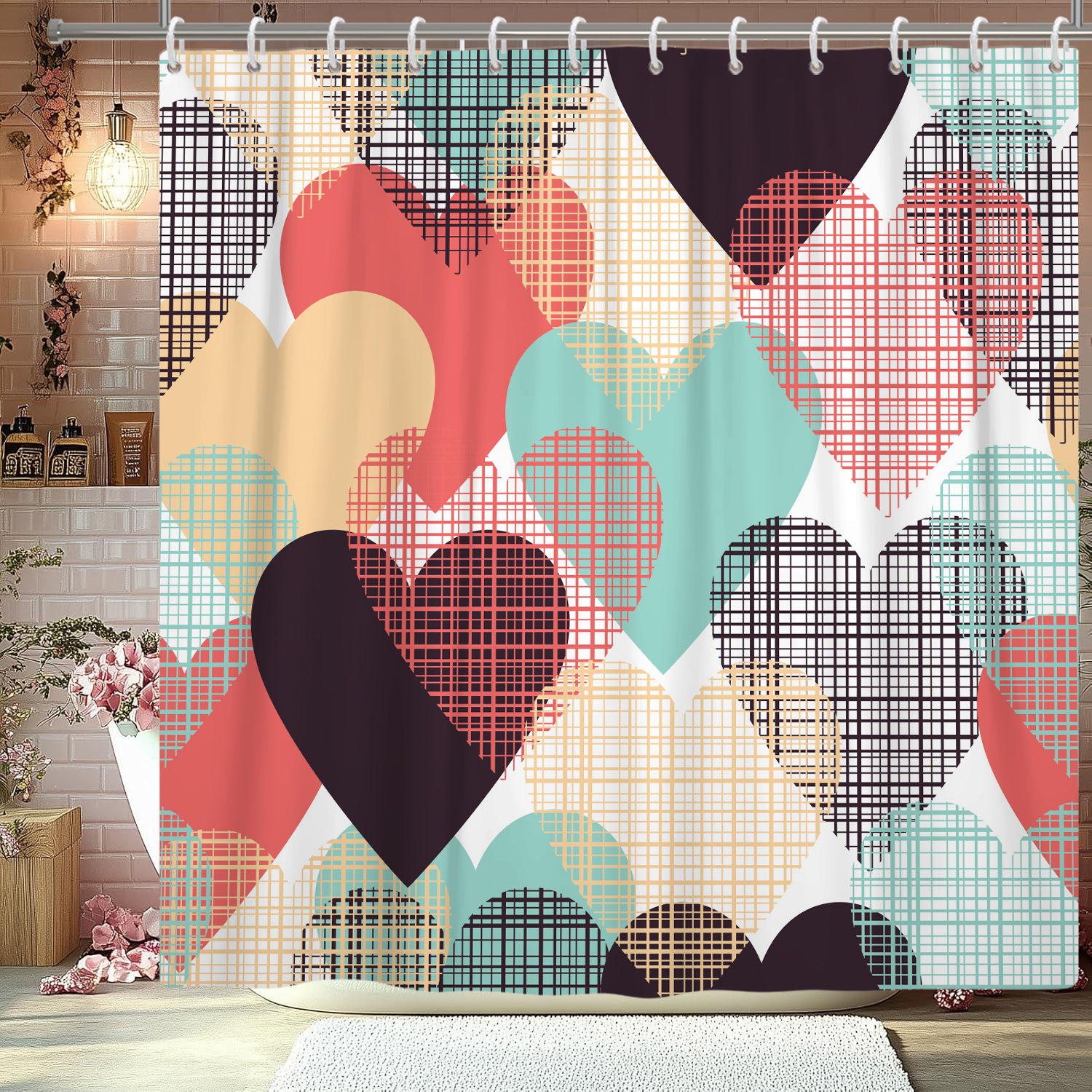 Mizhona Valentine's Day Shower Curtain Colorful Hearts Bathroom Curtains with Hooks 72"x78"