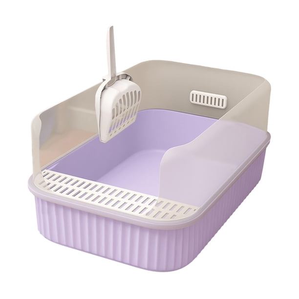 Caja de arena para gatos con tapa abierta, bandeja de arena para gatos con pala para arena para gatos, mascota grande Violeta