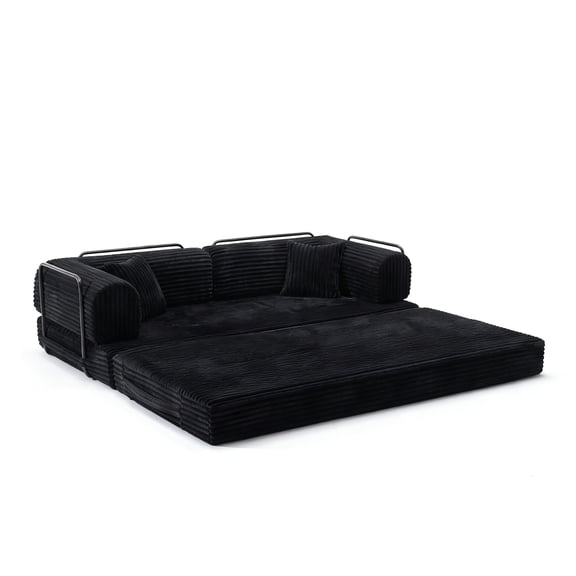 Modular Boneless Compression Sofa, Corduroy Convertible Floor Loveseat Futon with Armrest & Pillows, Multi-Use Couch for Bedroom Living Room, Black
