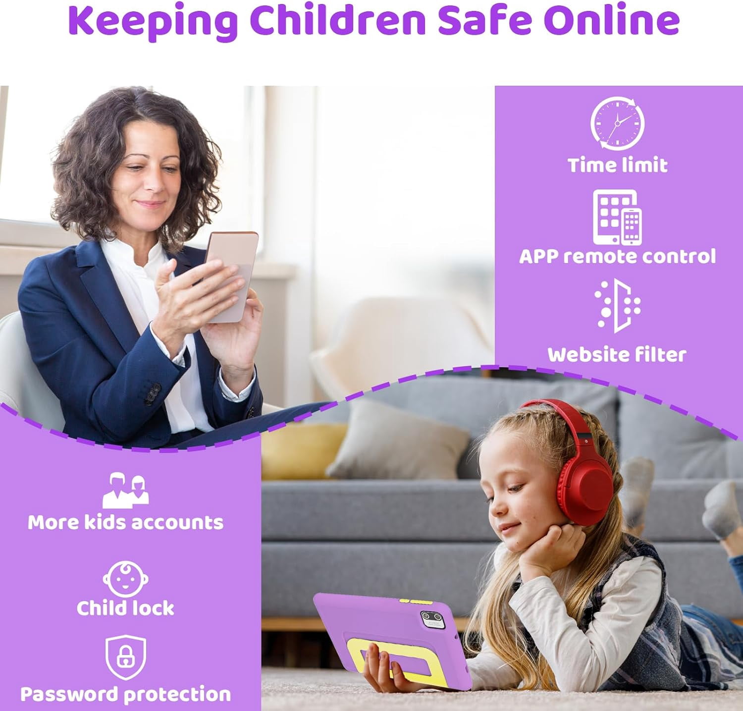 AEEZO 7 Inch Kids Learning Tablet, 8GB RAM 64GB, Educational Tablet for Kids Ages 3-10, Purple