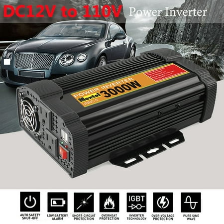 Car Solar Power Inverter 6000W Peak Max 3000W Peak DC 12V To AC 110V Pure Sine Wave Converter LED Display 2-USB  For TV, DVD Player And Other Home (Best Appliances For Solar Power)